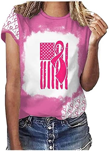 חולצות מודעות לסרטן השד לנשים וורודים טיז רופף דגל ארהב דגל שרוול קצר שרוול צוואר צווארון גברות סרט חמוד צמרות חמוד