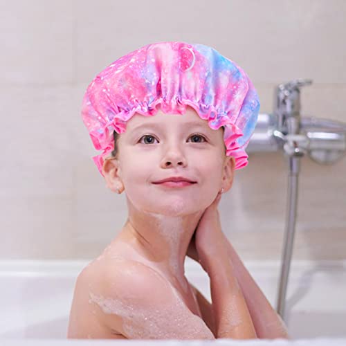 כובע מקלחת לילדים, 3 יח 'כובע מקלחת גדול לנערות נשים לשימוש חוזר שכבה כפולה עמיד למים, כובעי מקלחת פעוטות מפלסטיק רחיצה, מכסה אמבטיה לנשים לילדות ספא ​​סלון יופי