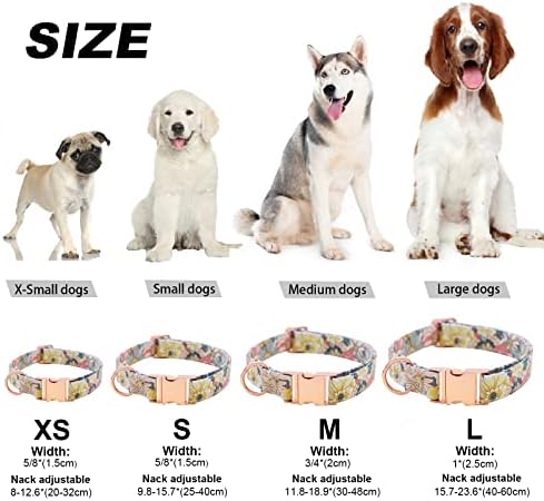צווארון כלבים בנות עם עניבת פרחול פרחונית, צווארוני כלבים חמודים מתכווננים עם אבזם מתכת לכלבים בינוניים קטנים, חמניות, L
