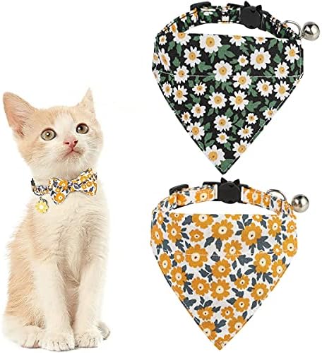 Bybycd צווארוני חתול חיות מחמד גור חמוד חמוד עם פעמונים דפוס פרחים מתכוונן עניבה